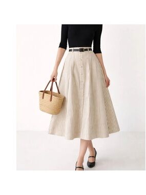 NWT En Saison Cream Striped A-Line Midi Skirt